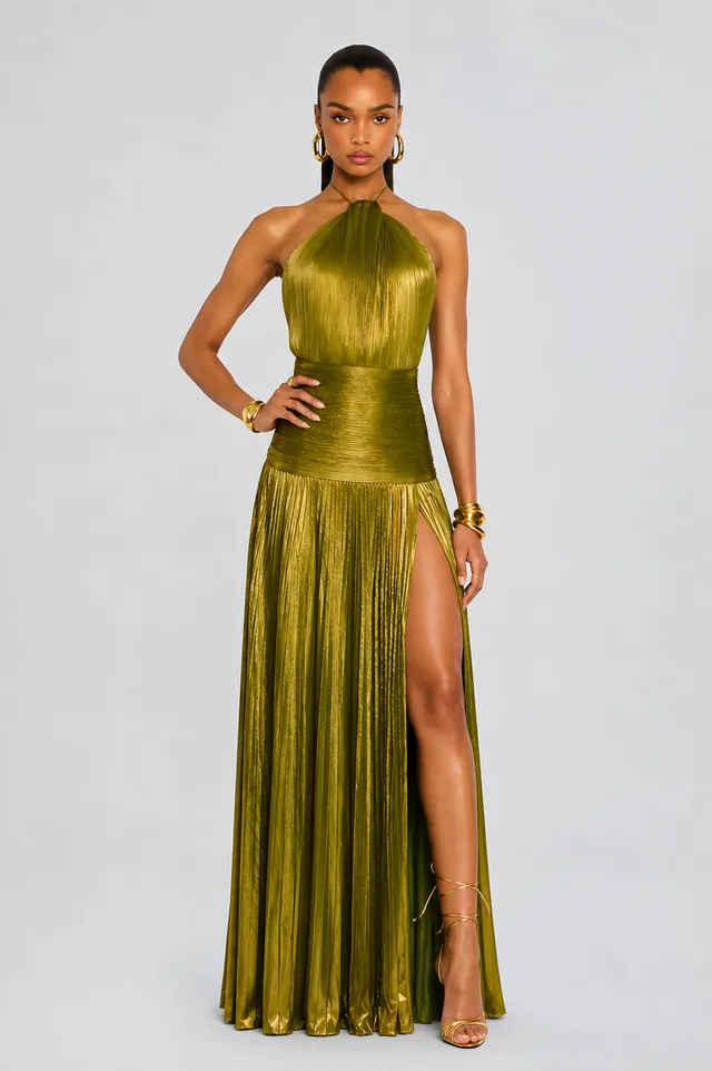 Norielle plisované halter maxi šaty s rozparkem
