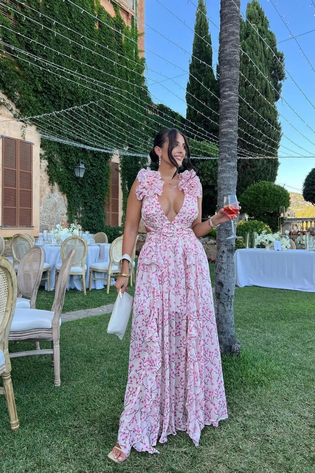 Norielle dlouhé květované šaty s volány růžové