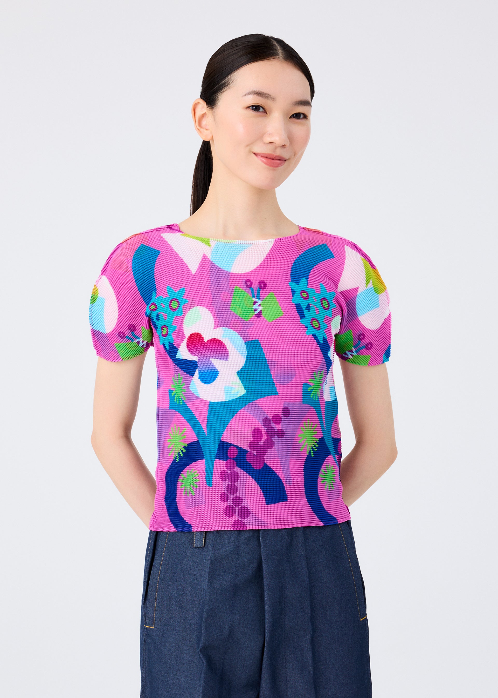 me Issey Miyake Flower Dome top růžový stretch plisé