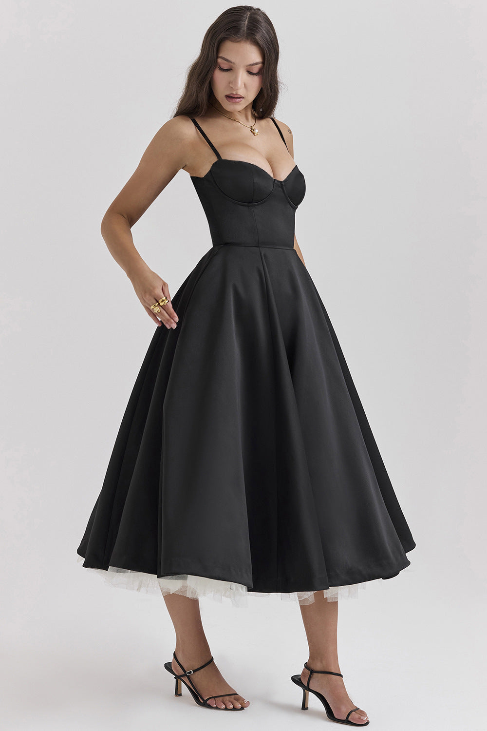 Norielle midi bustier šaty s širokou sukni bez rukávů