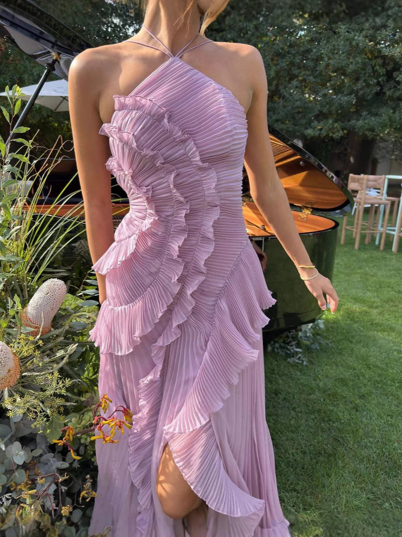 Norielle Glamour fialové asymetrické maxi šaty s volány
