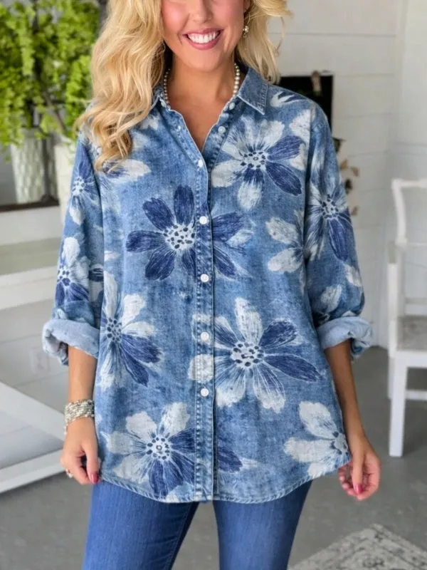Norielle Jean Classic květovaná halenka denim efekt