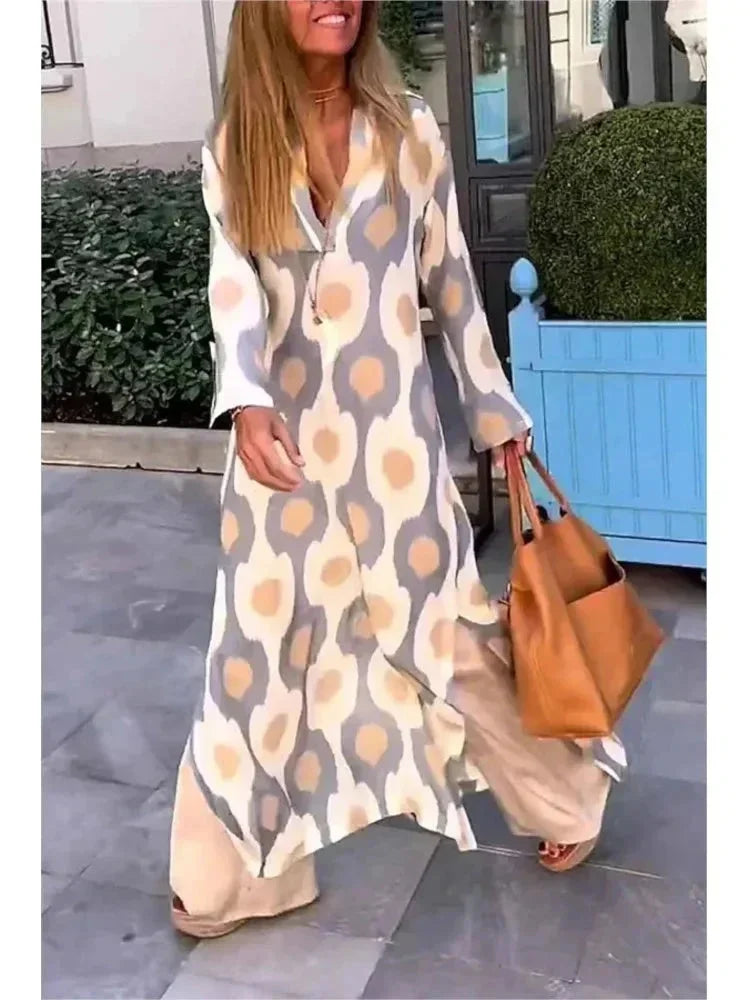 Norielle dlouhé šaty výček meruňková geometrický vzor