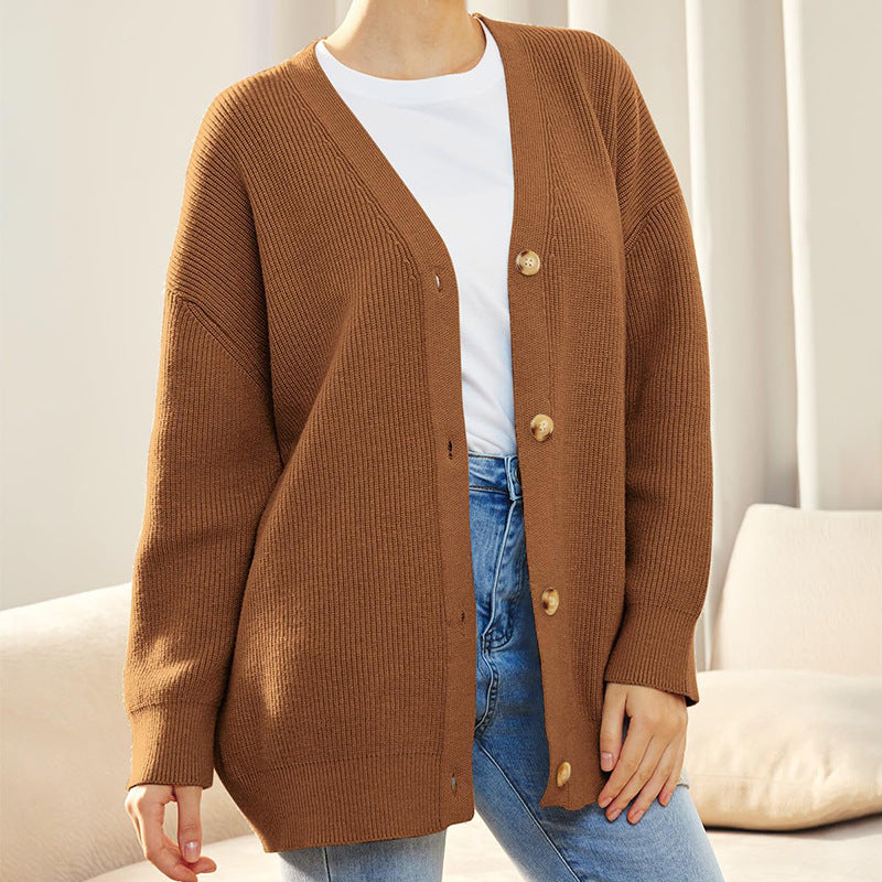 Norielle žebrovaný cardigan camel oversize s knoflíky