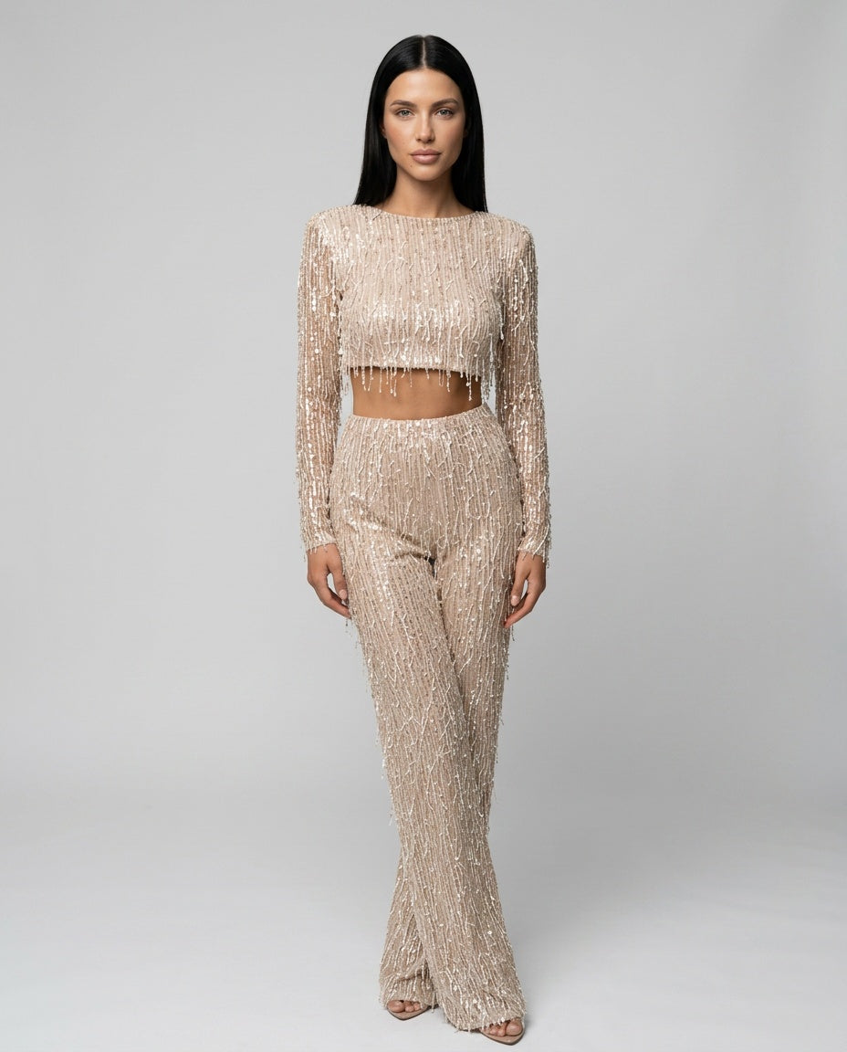 Norielle flitrová souprava crop top a kalhoty stříbrná