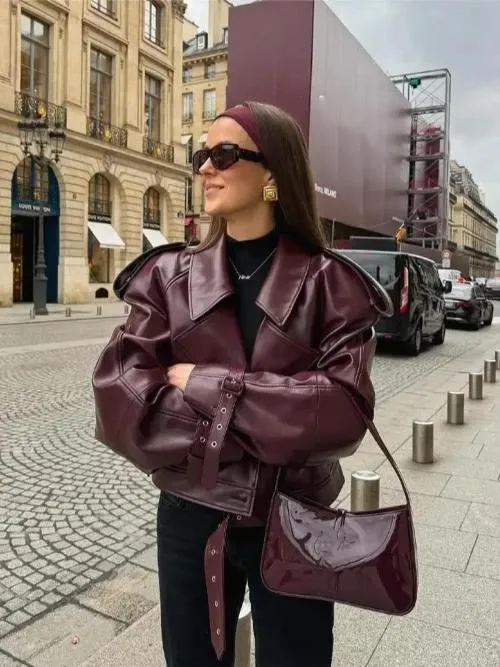 Norielle krátká oversize bunda z eko kůže hnedá