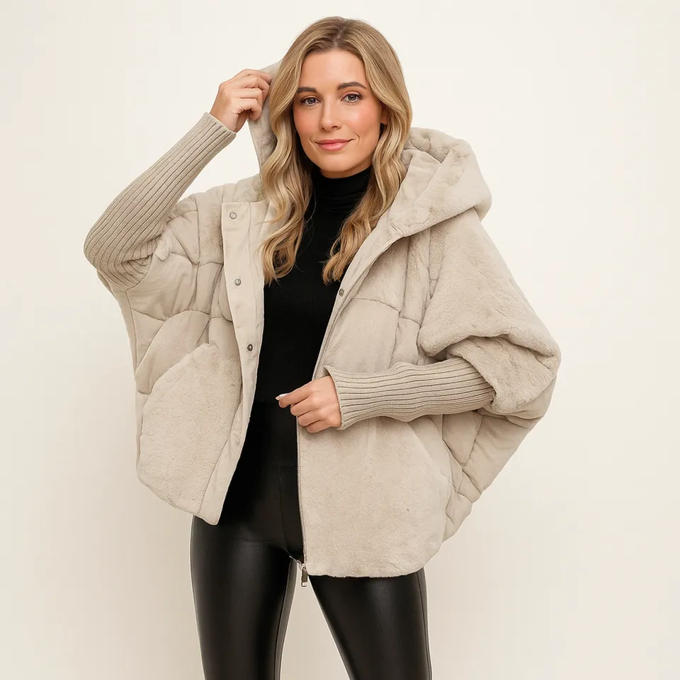Norielle krátká oversize bunda s kapucí béžová teplá