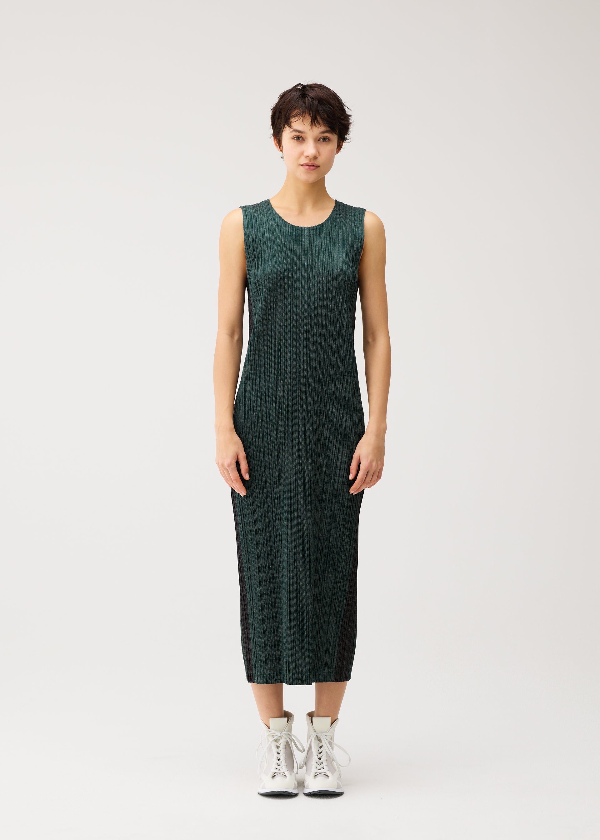 Pleats Please Issey Miyake Cotton Denim šaty tmavě zelené