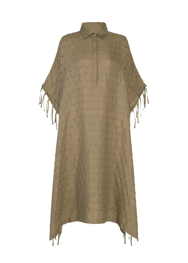 Issey Miyake Hole & Line šaty pončo khaki vel. 2 s výšivkou