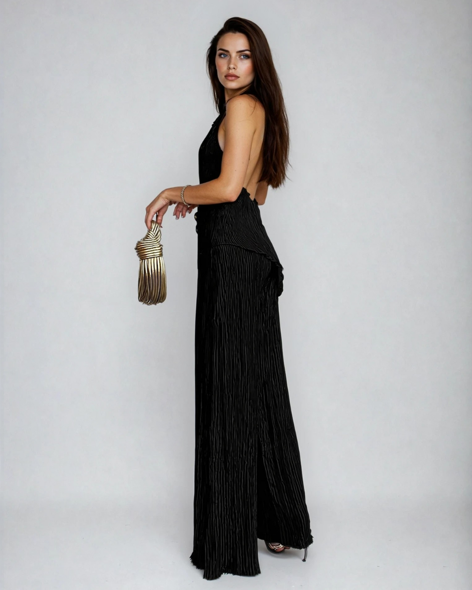 Norielle Mara plisovaný set top kalhoty béžový holá záda