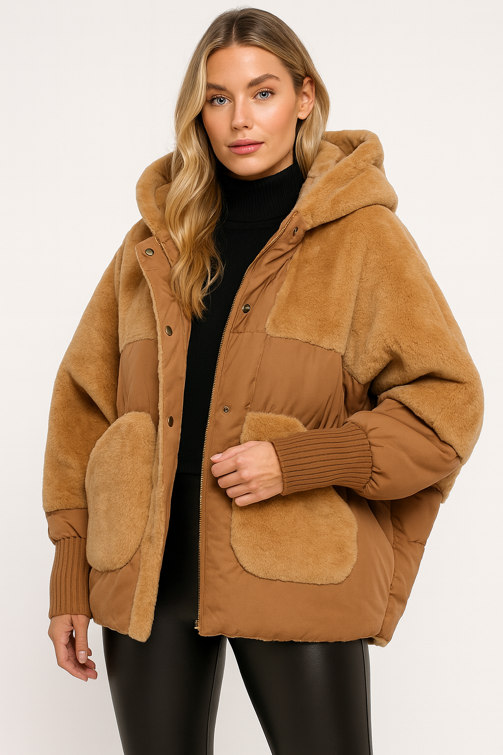 Norielle krátká oversize bunda s kapucí béžová teplá