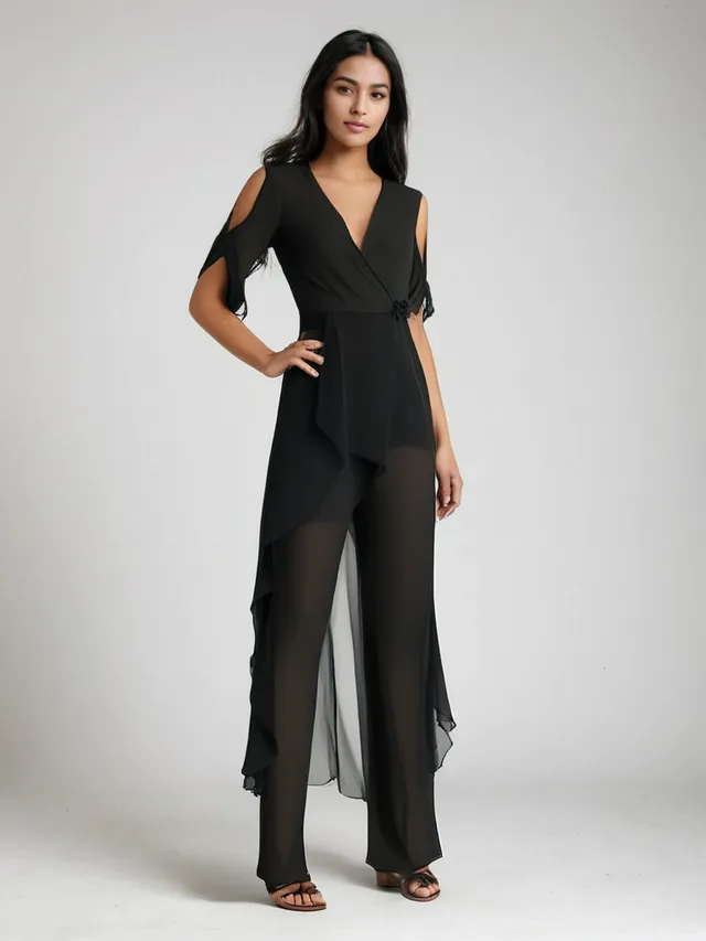 Norielle elegantní overal s rozparkem černý krátký rukáv