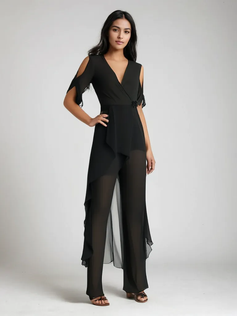 Norielle elegantní overal s rozparkem černý krátký rukáv