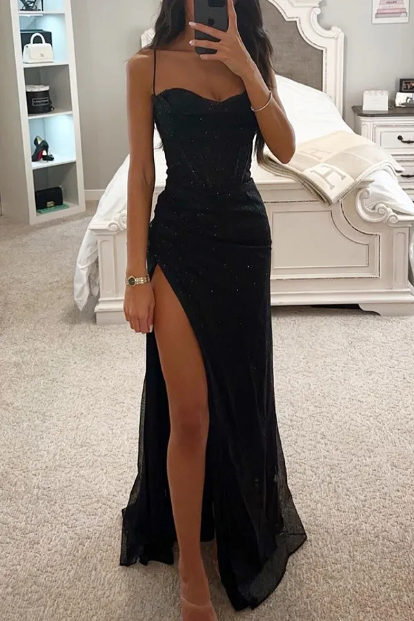 Norielle dlouhé bustier šaty černé s rozparkem