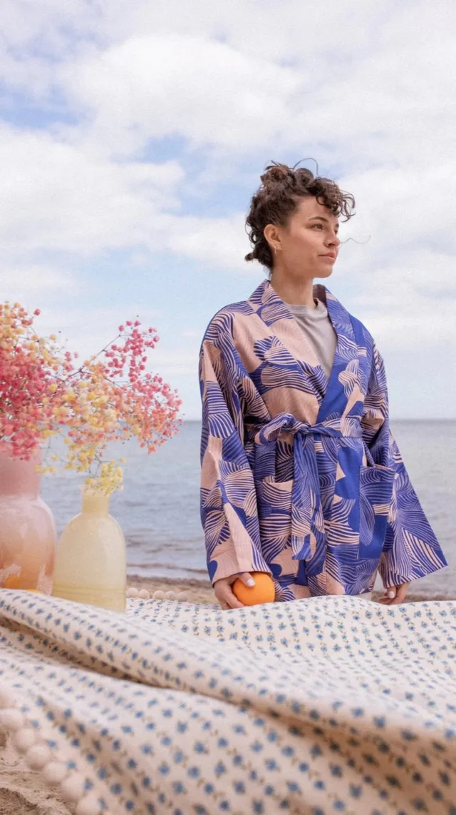 Aurelia & Zwei Frauen Hokusai kimono s páskem bavlněné