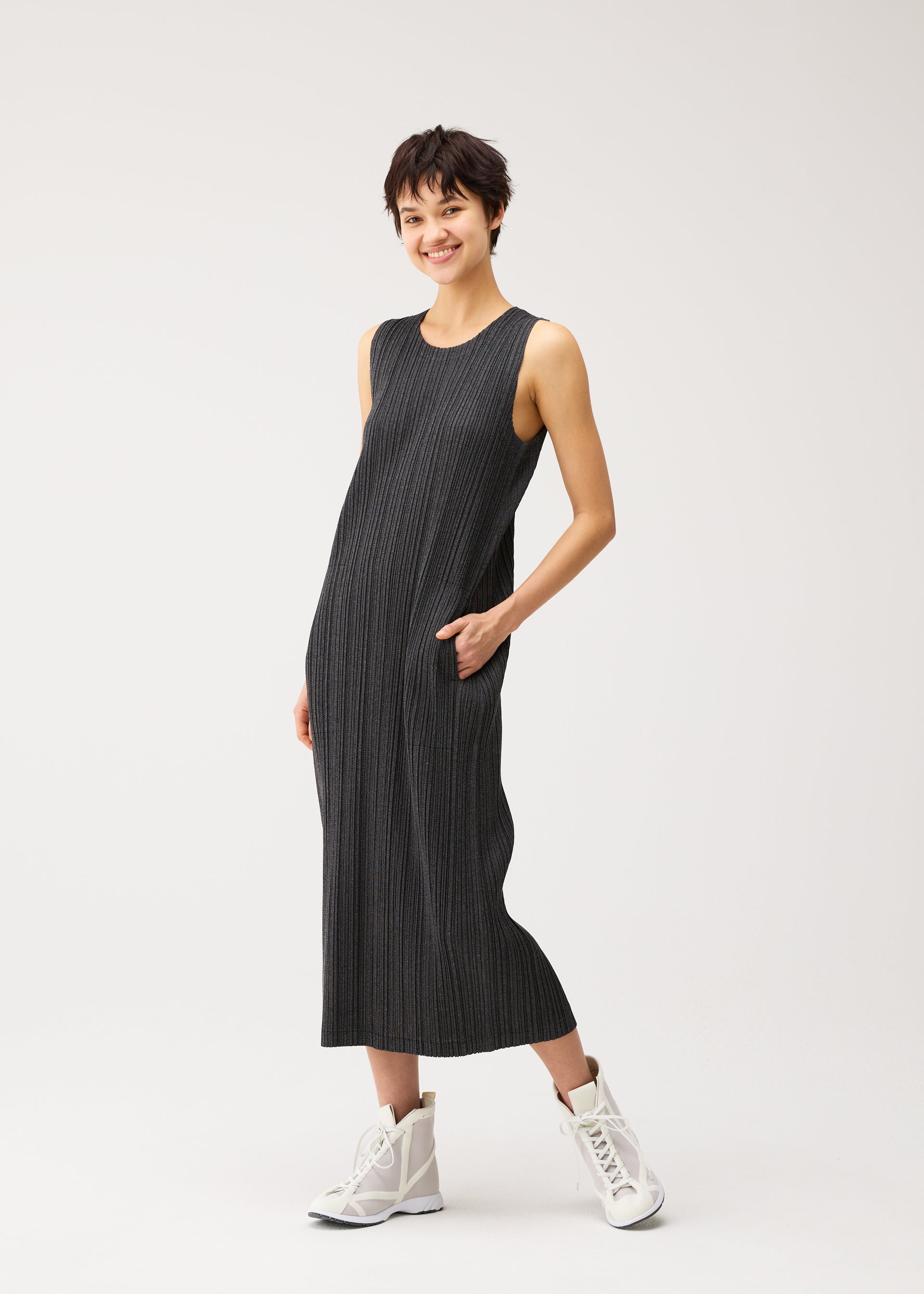 Issey Miyake Pleats Please Cotton Denim šaty černé bavlna