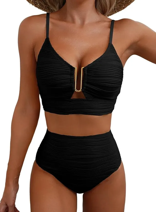 Norielle bikiny vysoký pas černá výřez s kroužkem