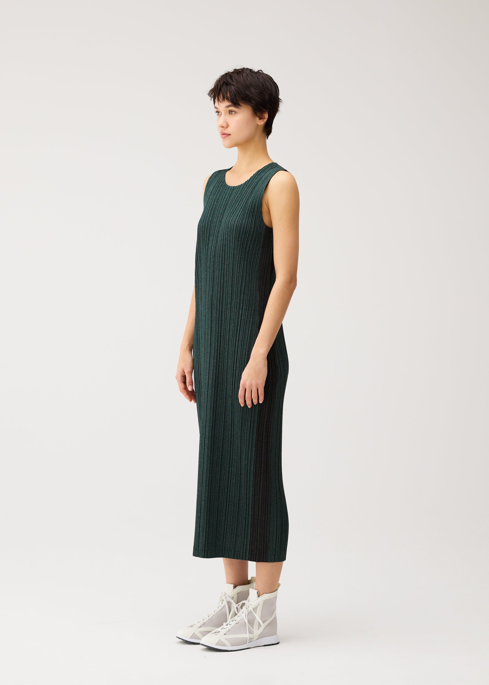 Pleats Please Issey Miyake Cotton Denim šaty tmavě zelené