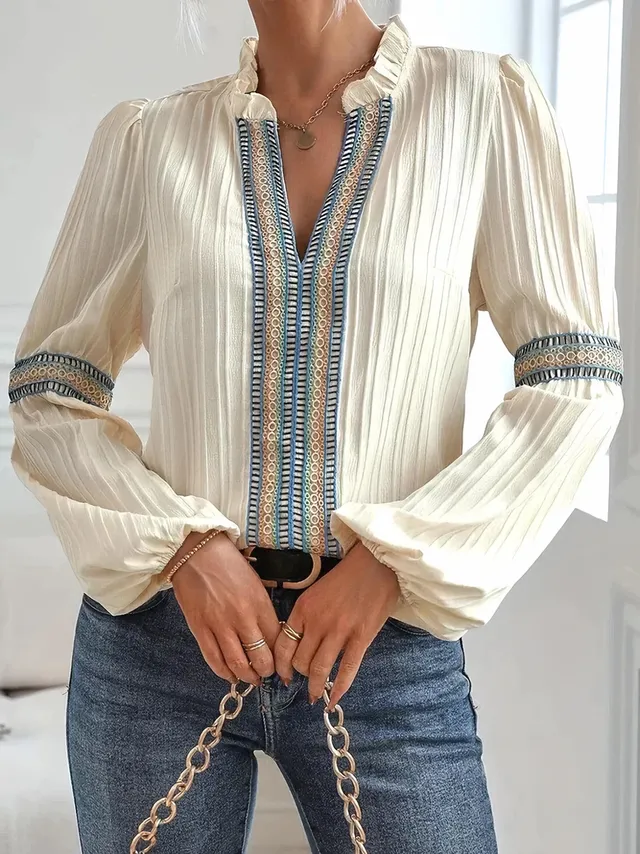 Norielle plisovaná halenka boho béžová vyšívaný límec
