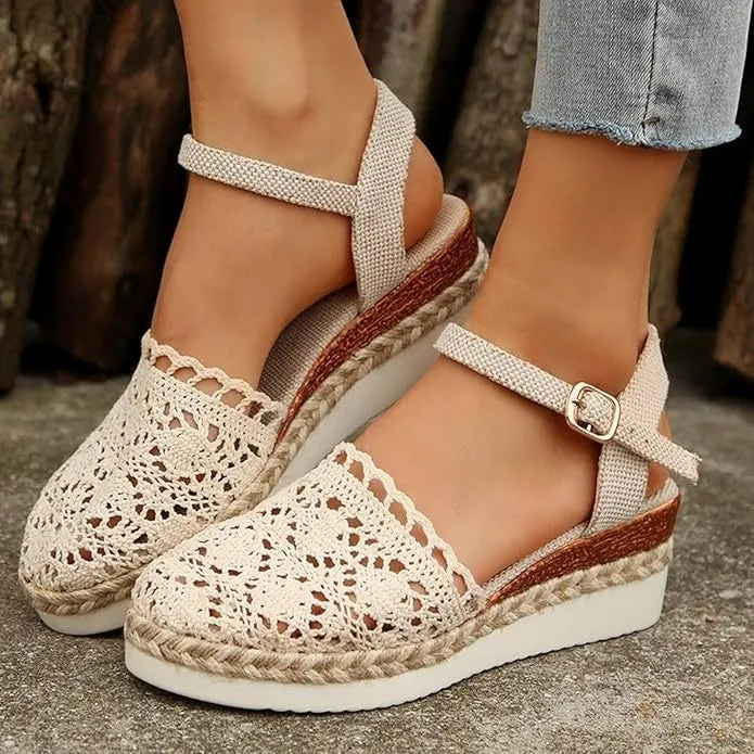 Norielle háčkované sandály na klínku béžové boho