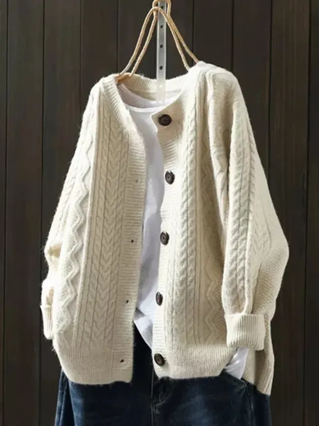 Norielle Camel pletený kardigan béžová copánkový vzor S–3XL