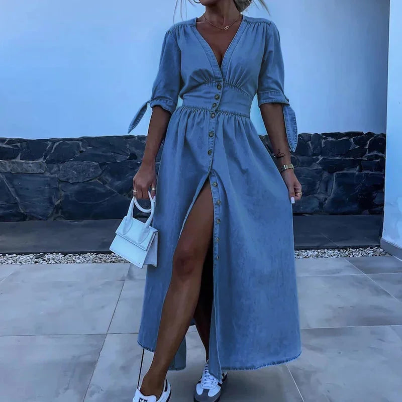 Norielle zavinovací maxi šaty s véčkem denim