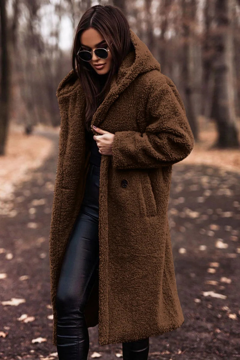 Norielle Faux Fur dlouhý kabát hnědý s kapsami