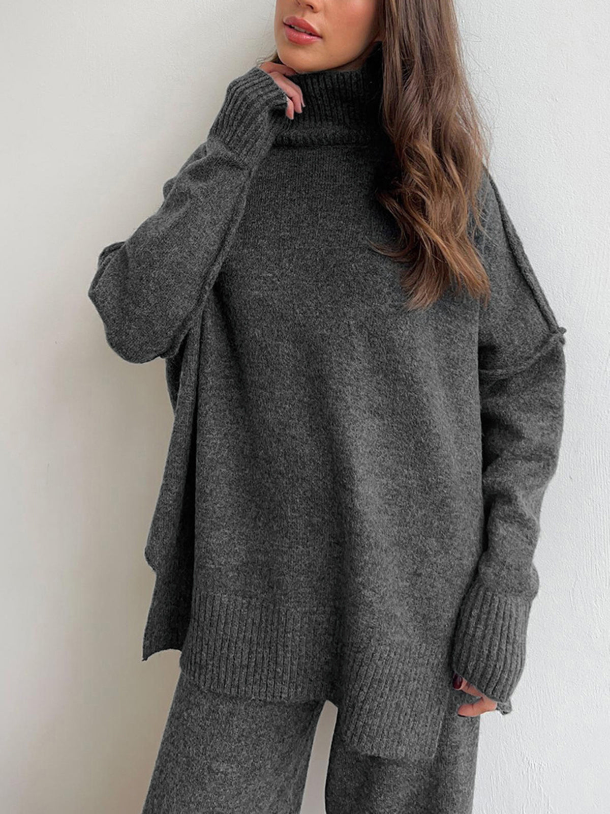 Norielle pletená oversize souprava khaki svetr kalhoty