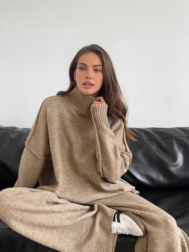 Norielle pletená oversize souprava khaki svetr kalhoty