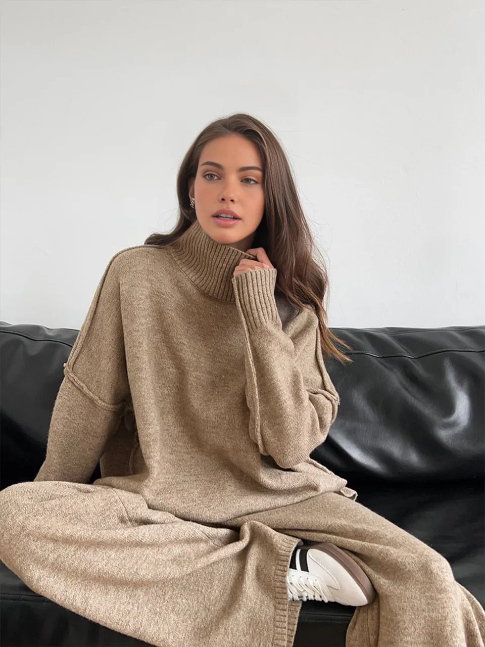 Norielle pletená oversize souprava khaki svetr kalhoty