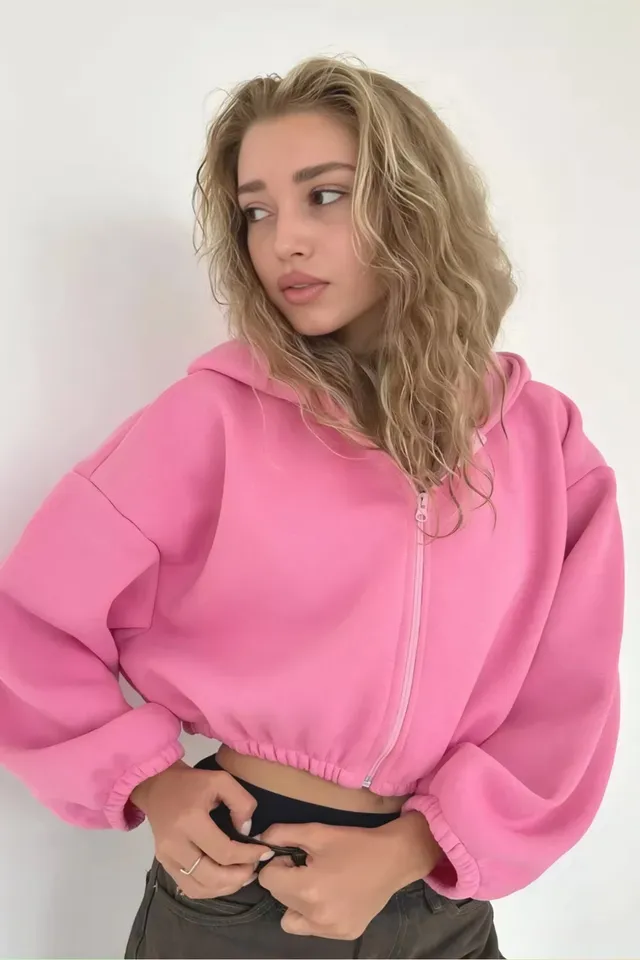 Norielle crop mikina na zip s kapucí růžová S zkrácená