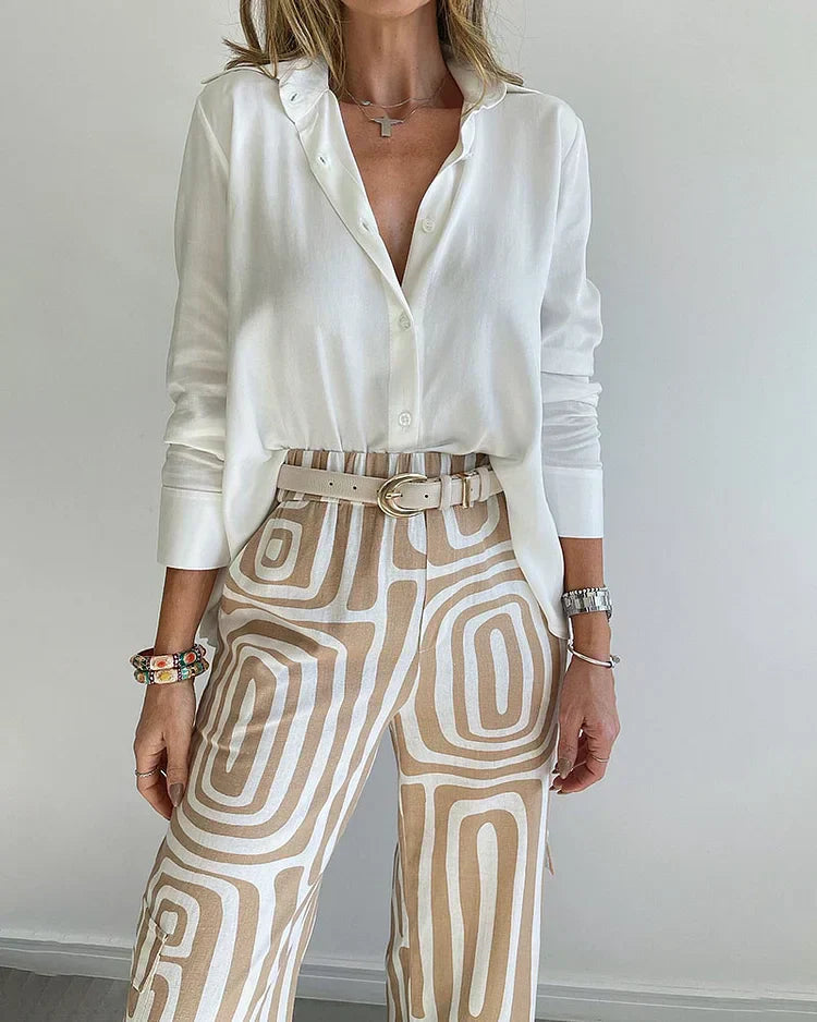 Norielle souprava košile kalhoty khaki geometrická