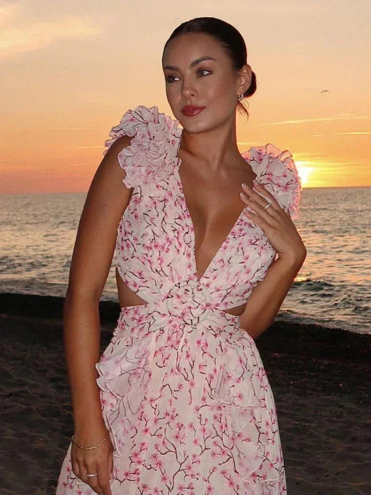 Norielle růžové dámské maxi šaty květované rozparek