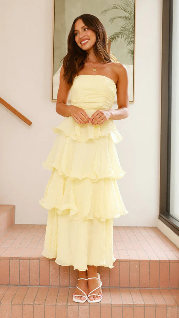 Norielle dlouhé bustier šaty volány růžová