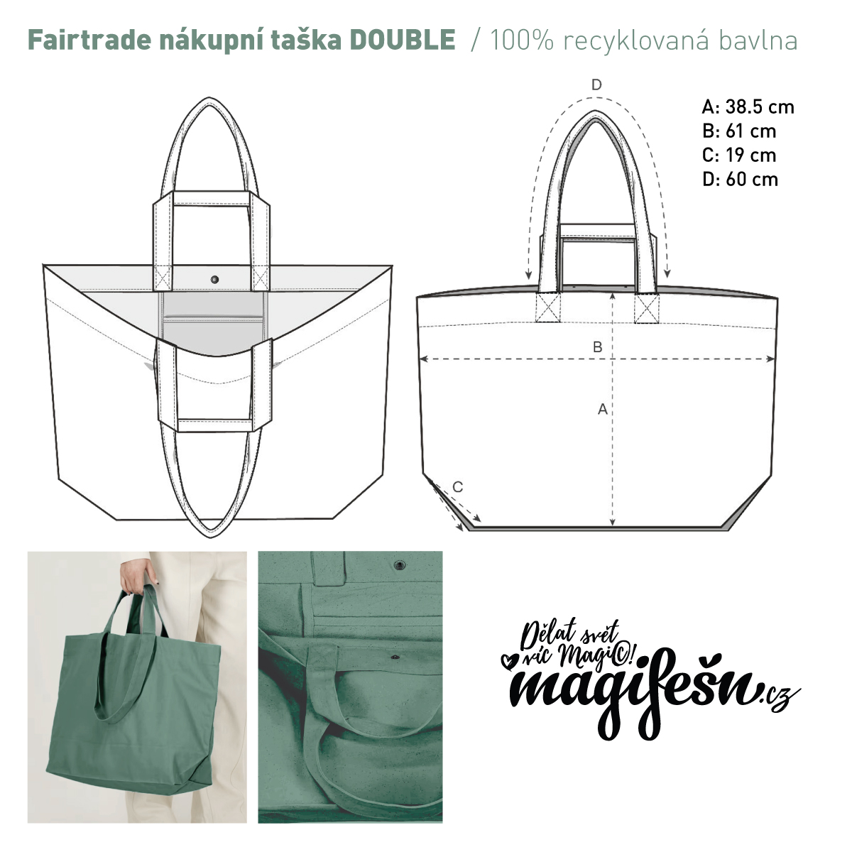 Magifešn DOUBLE taška Kapradiny velká s výšivkou a kapsou