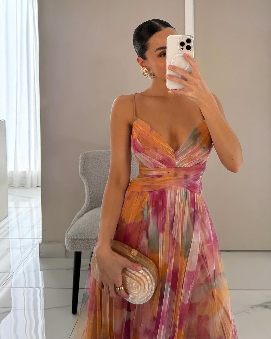 Norielle dámské maxi šaty plisované oranžové na 1 rameno