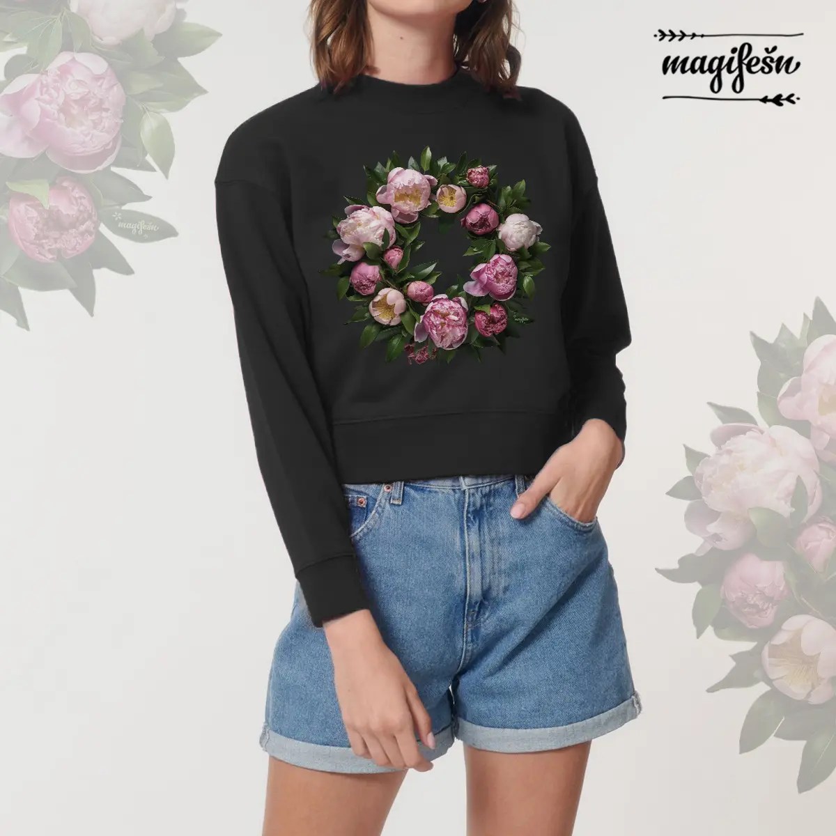 Magifešn Crops Pivoňky mikina Mignon Night biobavlna