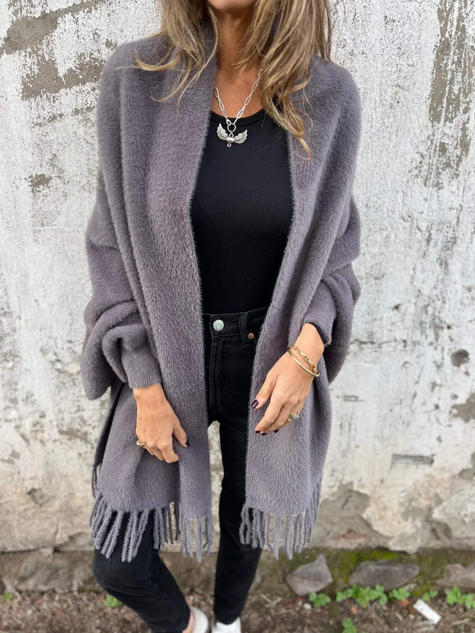 Norielle dlouhý cardigan šedý s třásněmi