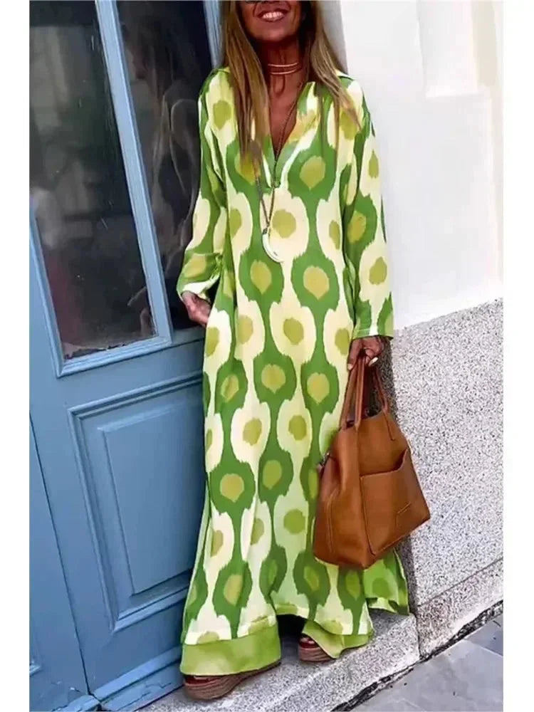 Norielle dlouhé šaty výček meruňková geometrický vzor