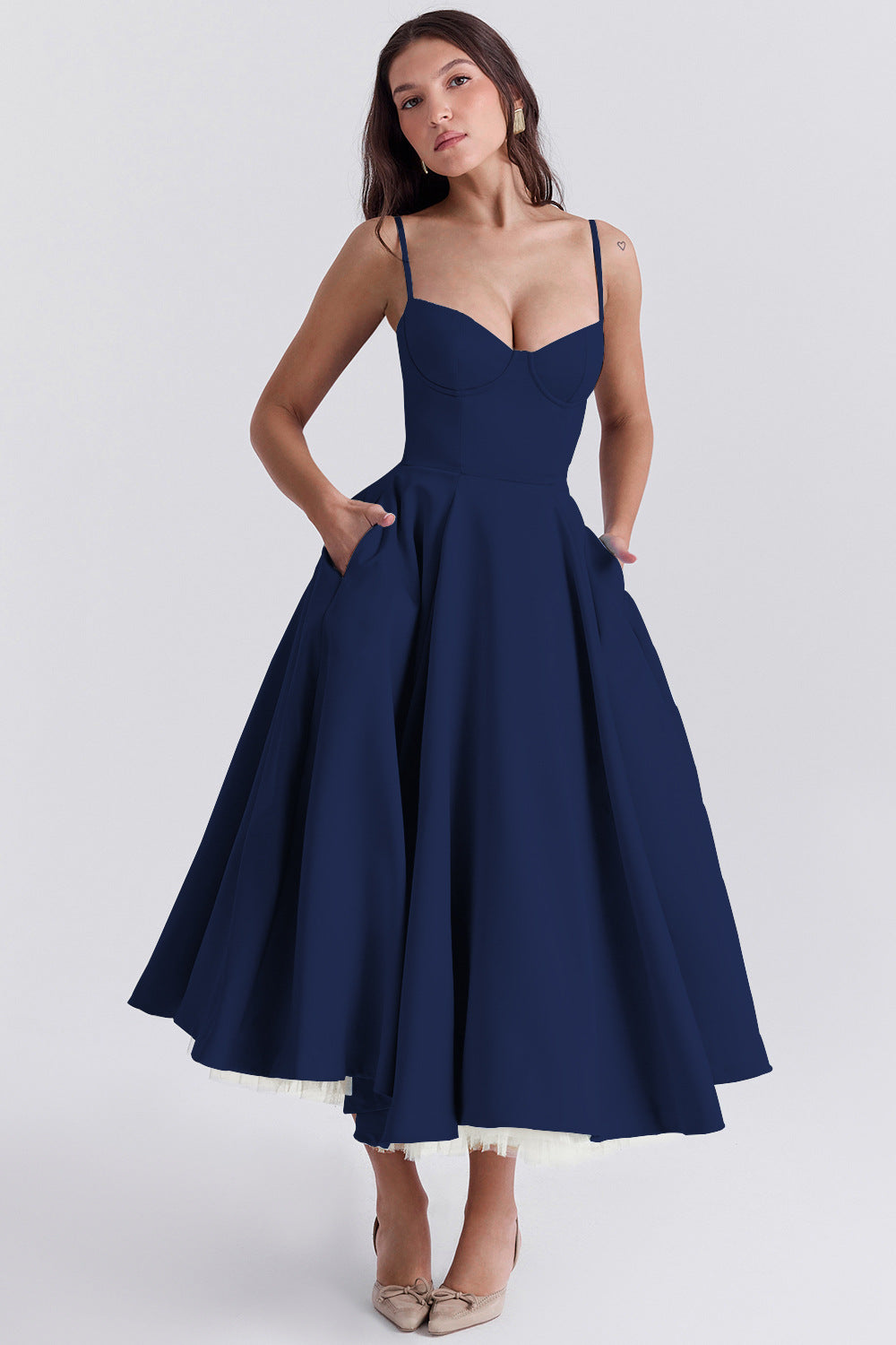 Norielle midi bustier šaty s širokou sukni bez rukávů
