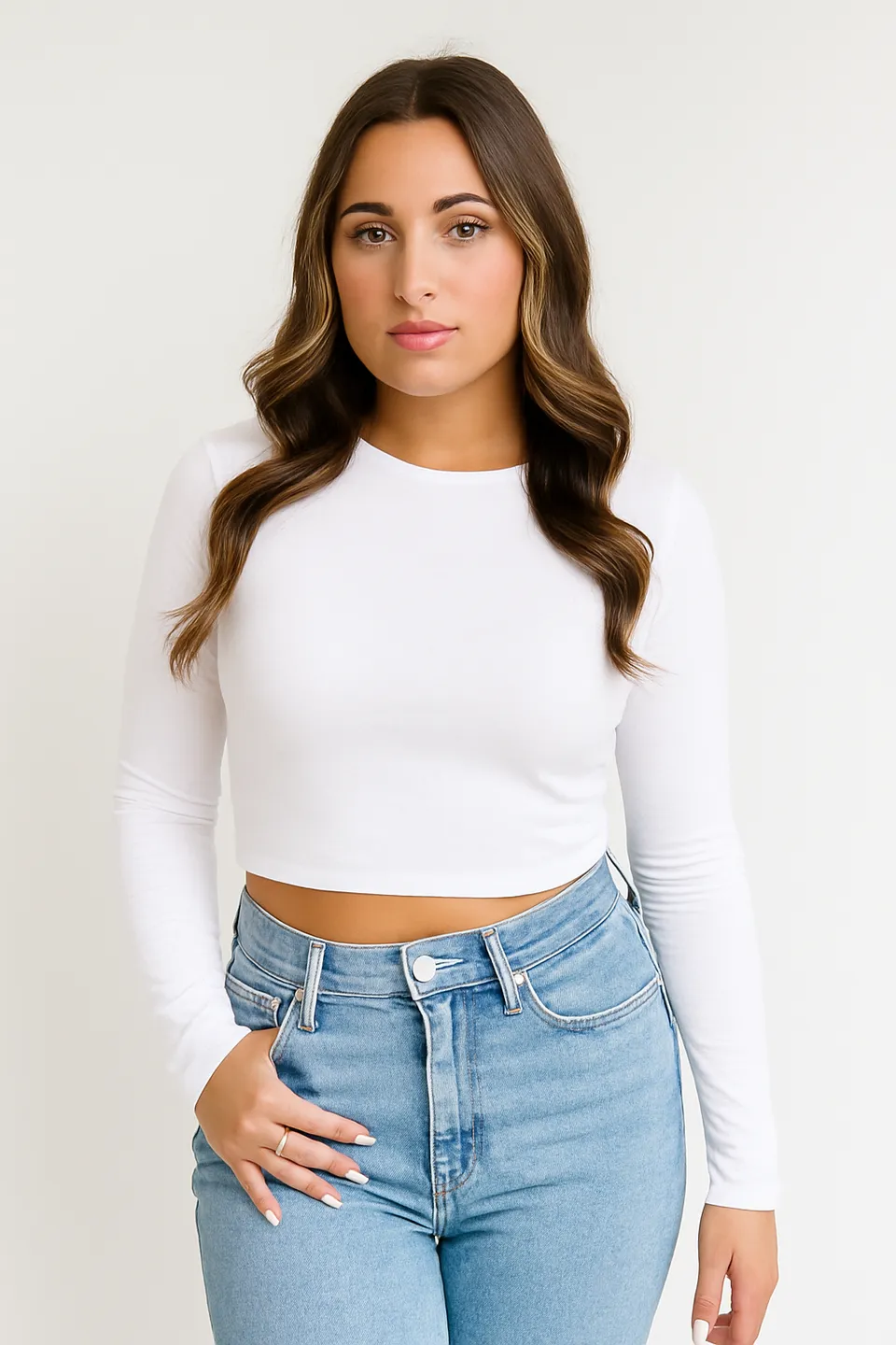 Norielle crop top bílý dlouhý rukáv přiléhavý střih