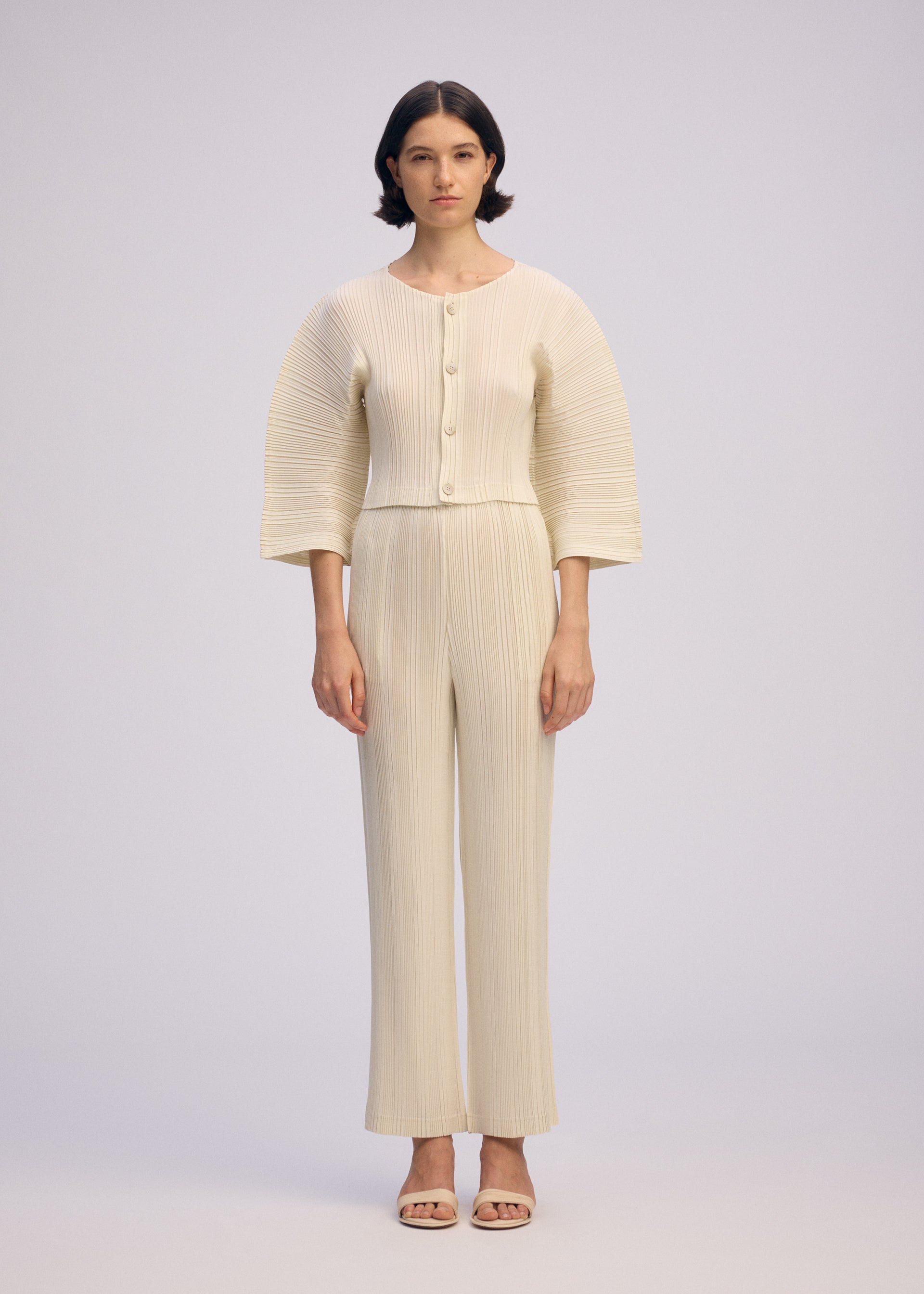 Issey Miyake Linen Like Rib Pleats plisované kalhoty ivory