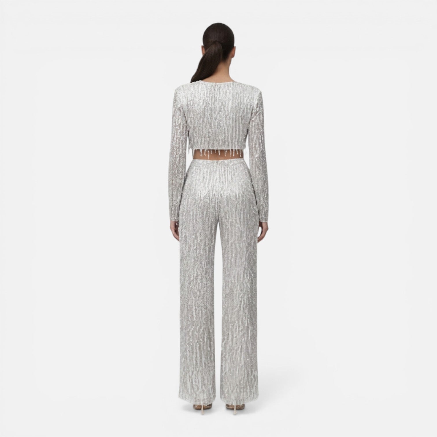 Norielle flitrová souprava crop top a kalhoty stříbrná