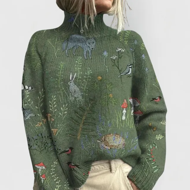 Norielle oversize pletený rolák khaki se zvířaty