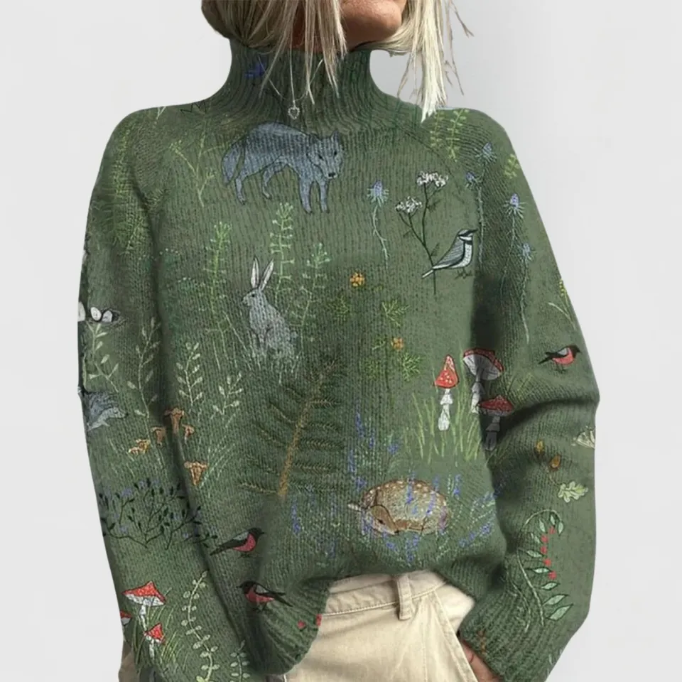 Norielle oversize pletený rolák khaki se zvířaty