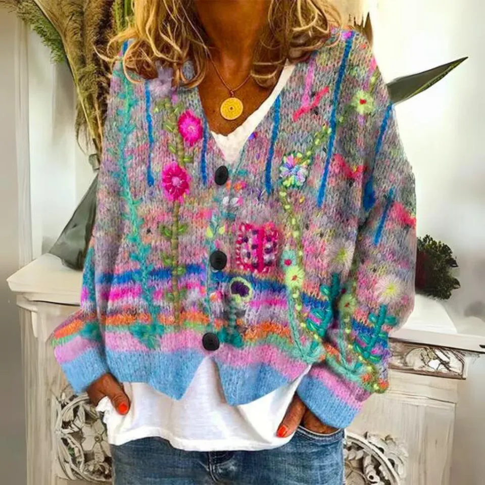 Norielle barevný boho cardigan modrý na knoflíky