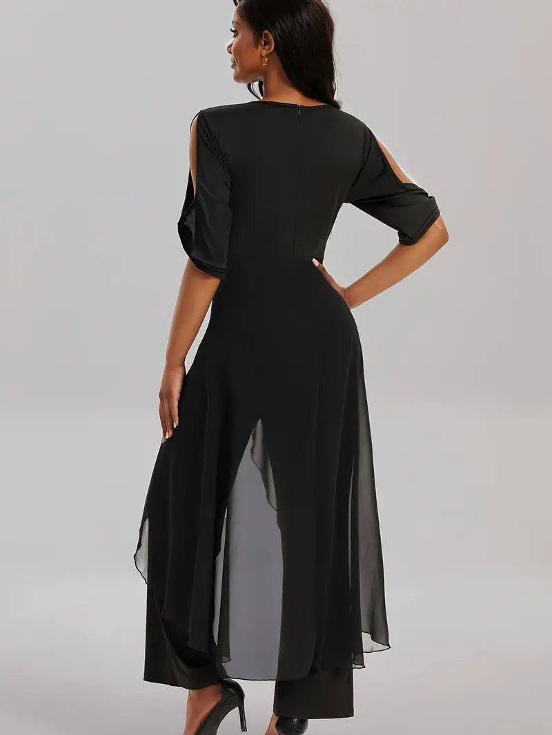 Norielle elegantní overal s rozparkem černý krátký rukáv