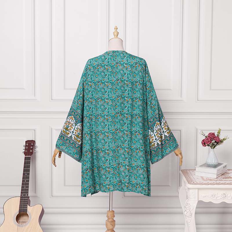 Norielle boho dlouhé kimono s potiskem tyrkysová