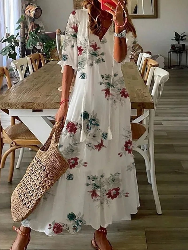 Norielle dlouhé květované šaty béžové boho knoflíky