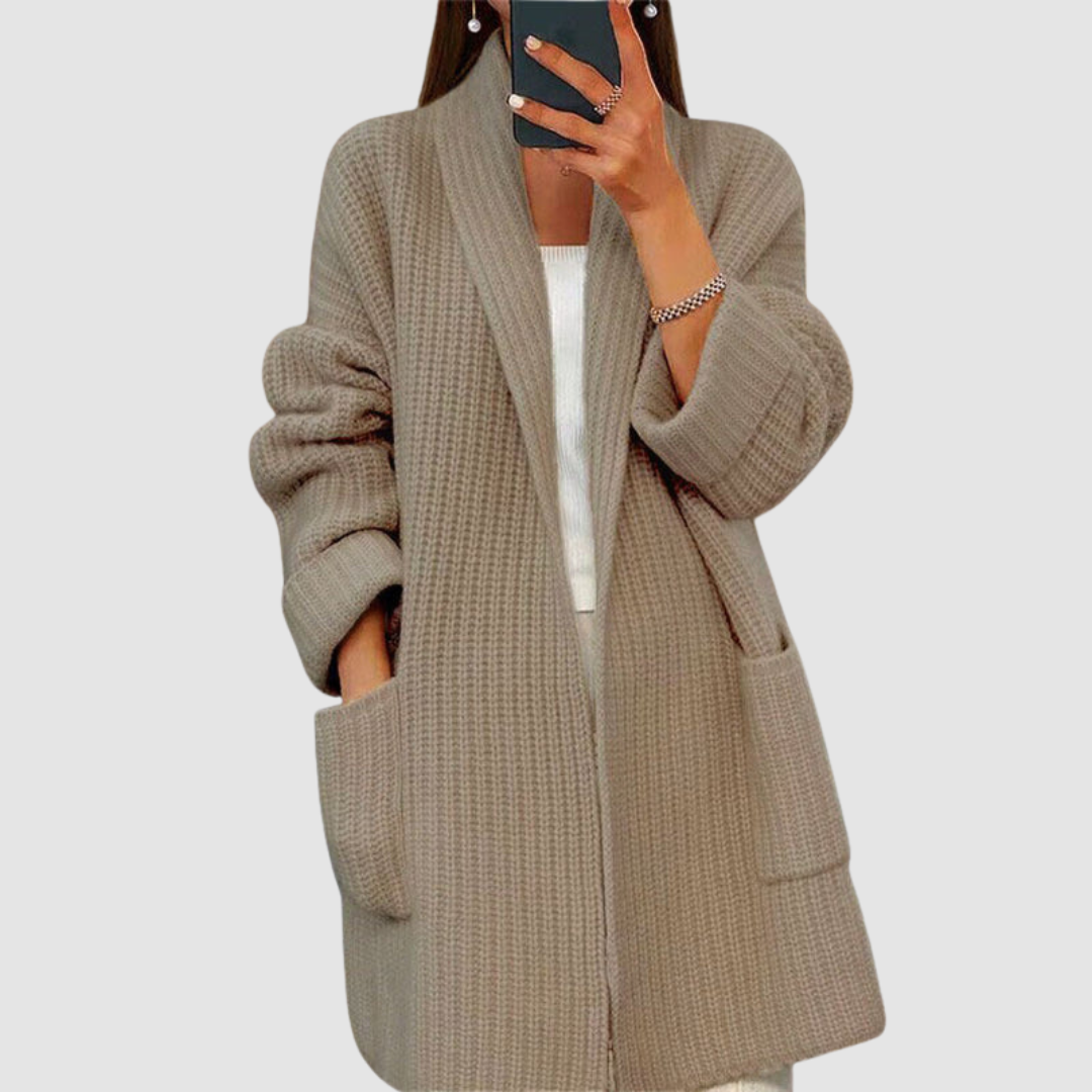 Norielle dlouhý cardigan žebrovaný camel s kapsami